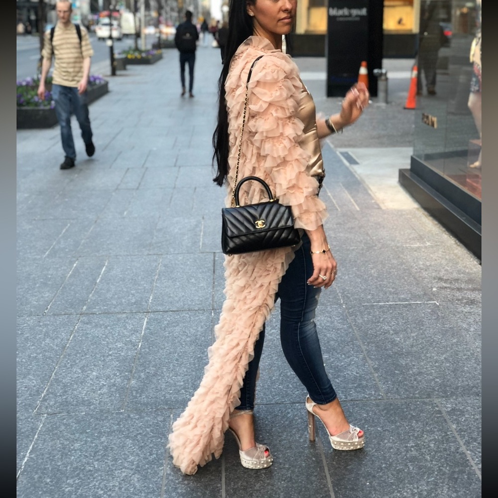 Blush pink ruffled duster